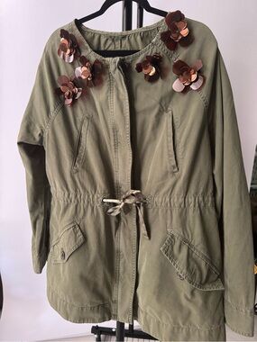 Banana Republic Olive Utility Jacket with Sequin Floral Accents